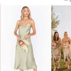 Show me your mumu Verona cowl neck midi dress. Moss green luxe satin